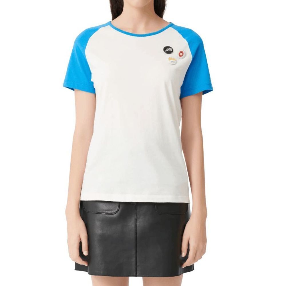 NWT MAJE Talon Blue and White Crewneck Button Tee Size Medium